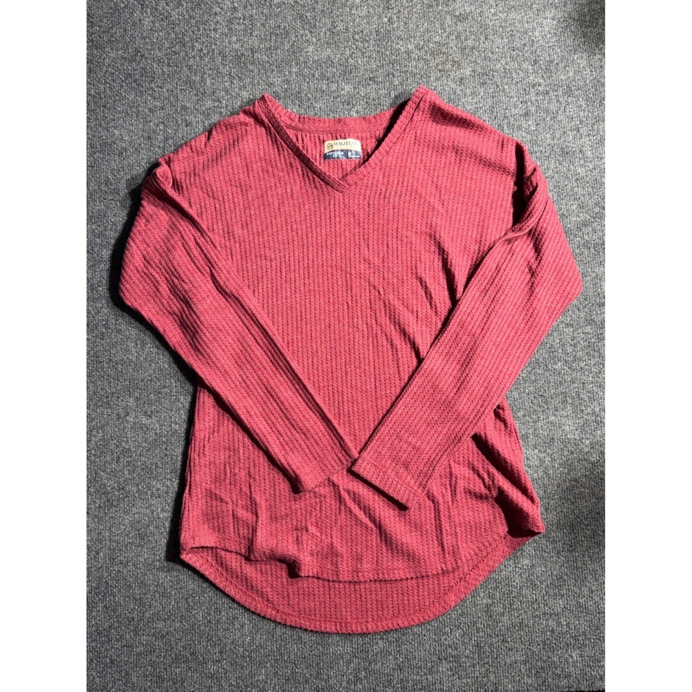 Magellan Outdoors Womens Waffle Knit V-Neck Top Burgundy Red Boyfriend Fit M